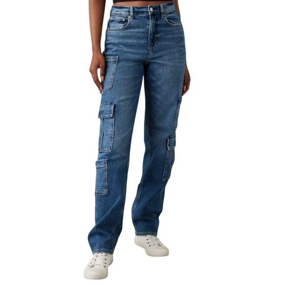 American Eagle Super High Rise Baggy Straight Cargo Jeans Size 0 - Picture 1 of 12